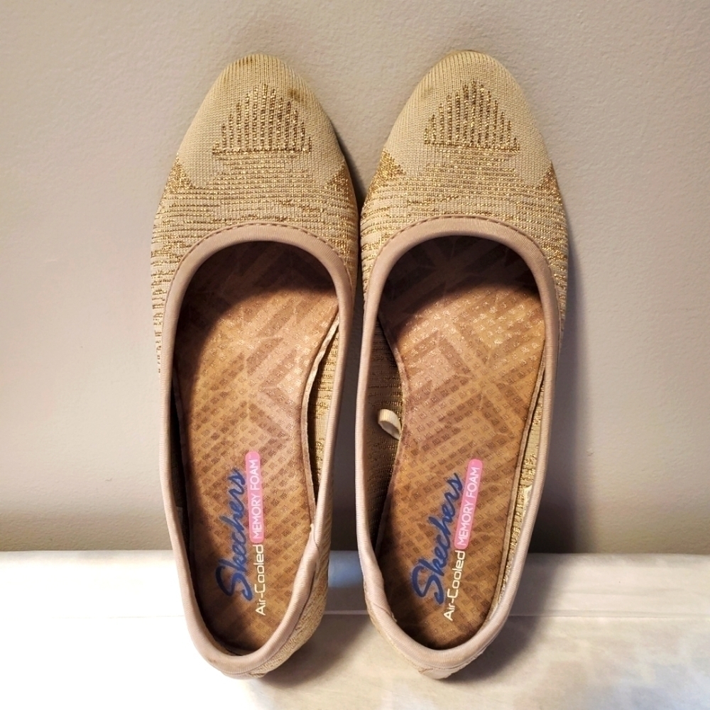 Skechers Ballet Flats Boho Woven Fabric Embroidered Cleo Wham Tan Gold Size 8